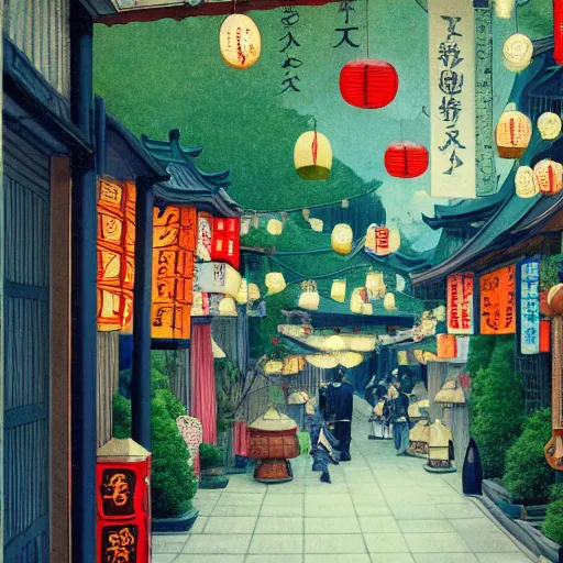 Image similar to japanese paper lantern shop on a fancy street in a japanese village during the day, lush plants, magic details, by moebius, edward hopper, james gilleard, and james jean, hd, 8 k, trending on artstation, uhd,