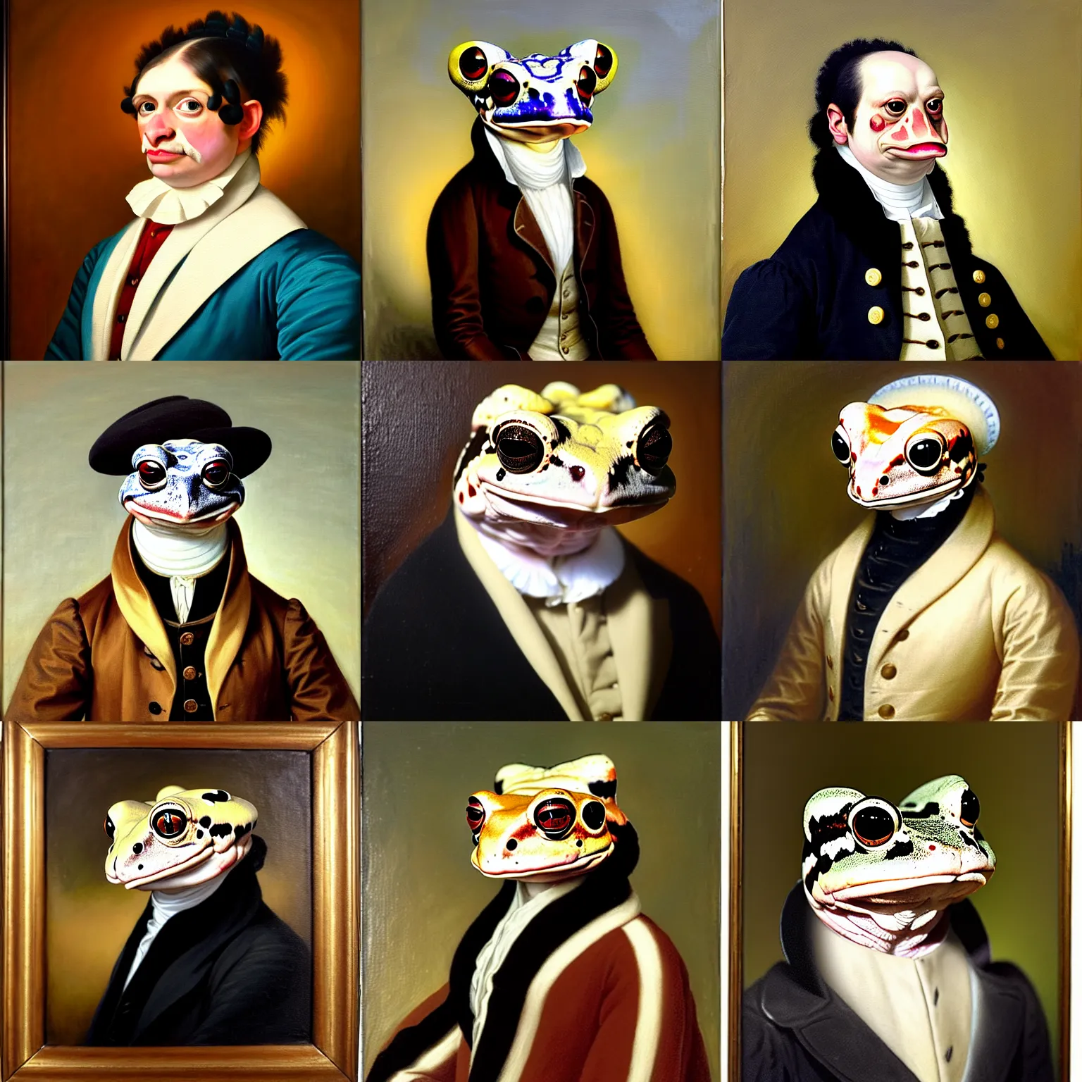 Prompt: a head and shoulders portrait painting of an anthropomorphic!!!!!!!!!! amazon milk frog!!!!!!!!!! wearing a colonial frock coat without a hat looking off camera, a character portrait, neoclassicism, oil on canvas