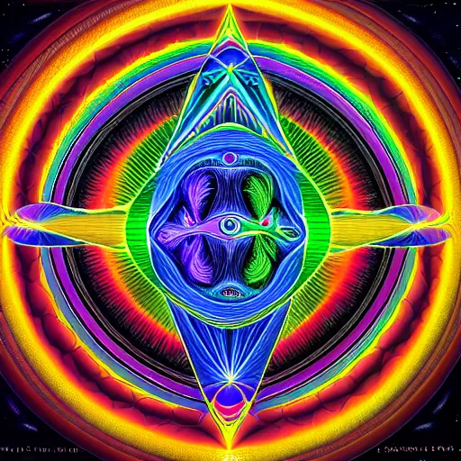 Image similar to realistic detailed image of the human consciousness contained in a vessel that is a vast holographic universal mind by Alex Grey, Terence McKenna, and Adam Jones, Psychedelic, sacred geometry, rich deep colors. Alex Grey Painting, part by Cameron Grey. masterpeice