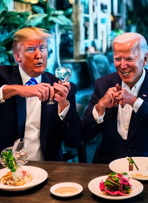 Prompt: Trump and Biden having dinner at a fancy Balinese restaurant, award winning photography, sigma 85mm Lens F/1.4, blurred background, perfect faces