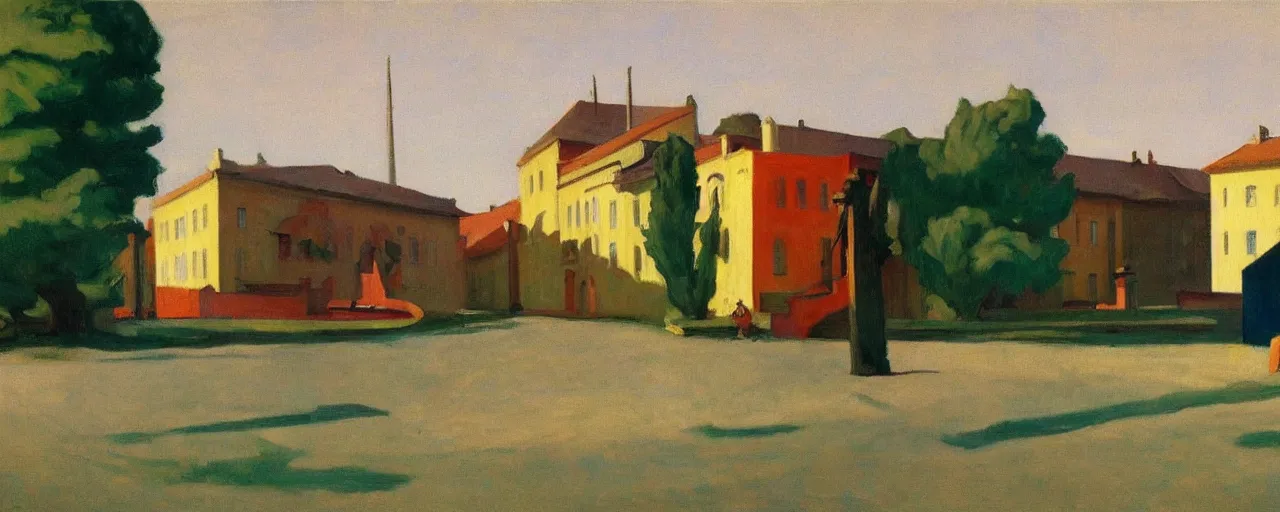 Prompt: an edward hopper style painting of a ( ( ( ( ( ( ( ( small town csorna ) ) ) ) ) ) ) ) in hungary, spring, april of 1 9 5 5