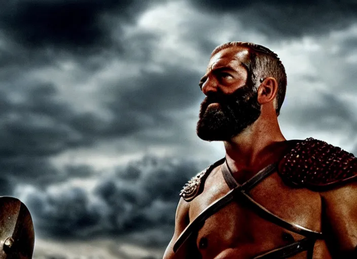 Image similar to film still of joe biden as leonidas in 3 0 0 movie, 8 k, epic moody sky, dramatic lighting