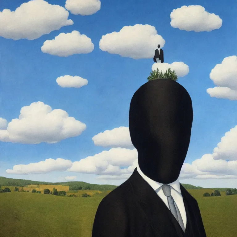 Image similar to portrait of a faceless reflective chrome - head man in a suit and black gloves, clouds and nature landscape in the background, by rene magritte, detailed painting, distance, centered, hd, hq, high resolution, high detail, 4 k, 8 k