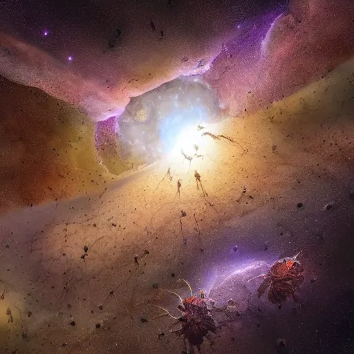 Prompt: A highly detailed Digital art of a meteorite containing an ant colony hive, by Jessica Rossier and Wayne Barlowe Anato Finnstark 8k geology space hubble star nebula