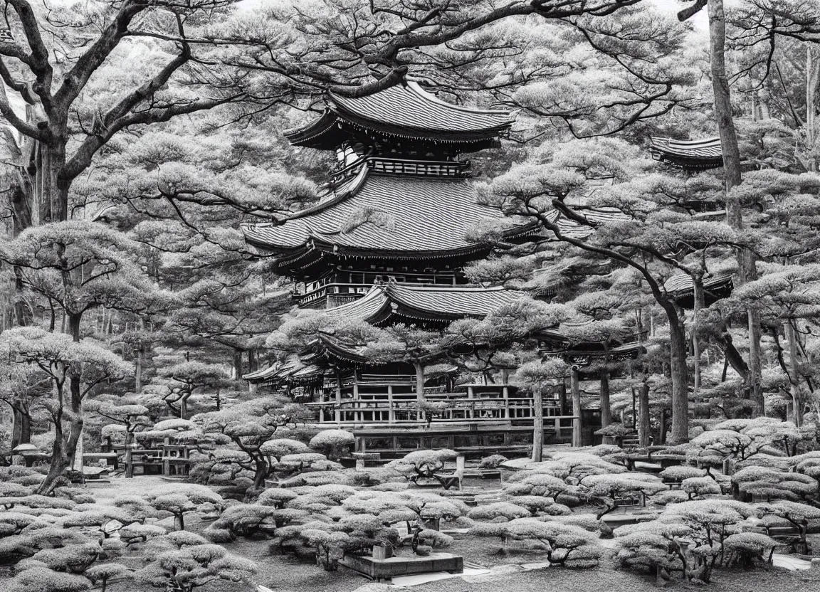 Prompt: realistic forest with an ancient Japanese shrine, Japanese Style, Monochrome, Plotter-art