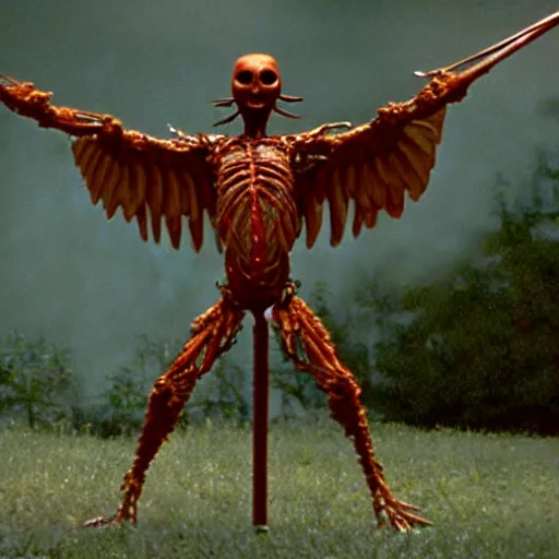 Prompt: a scary filmic wide shot color ground level angle movie still 3 5 mm film photograph of the full body of a 8 winged 4 armed angel holding swords, with elongated arms and multiple wings protruding from its back, in the style of nature documentary footage, the thing 1 9 8 2, 8 k resolution, ulta realistic vfx