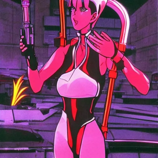 Image similar to 80s anime, dark neon city. laser gun battle on open space. futuristic cars lay in flames, destroyed robot dogs remains, beautiful girl in spandex suit holding large futuristic plasma rifle