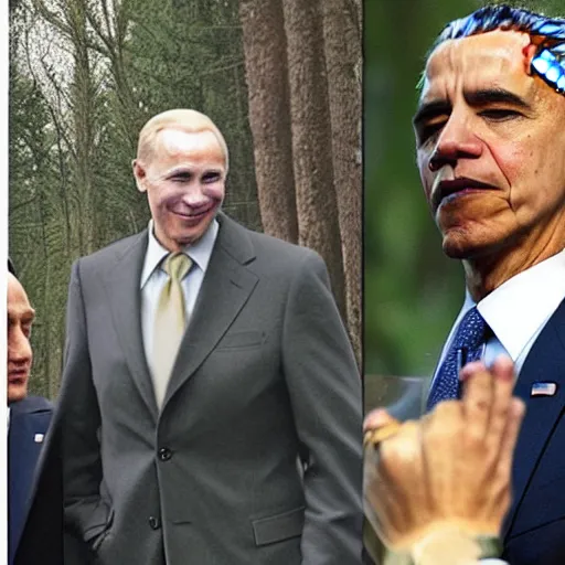 Image similar to joe biden smoking a fat blunt with obama and putin in the woods