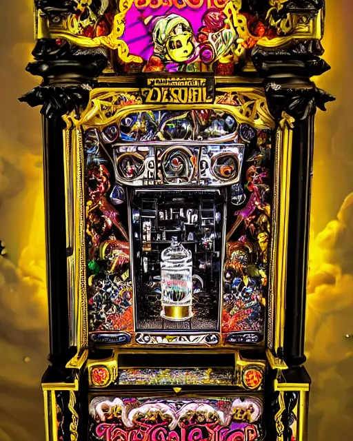 Image similar to baroque rococo-style bedazzled gothic royalty frames surrounding an slots pinball machine of pixelsort energy drink made out of glowing ooze, radioactive candy worms, and fairy magick.