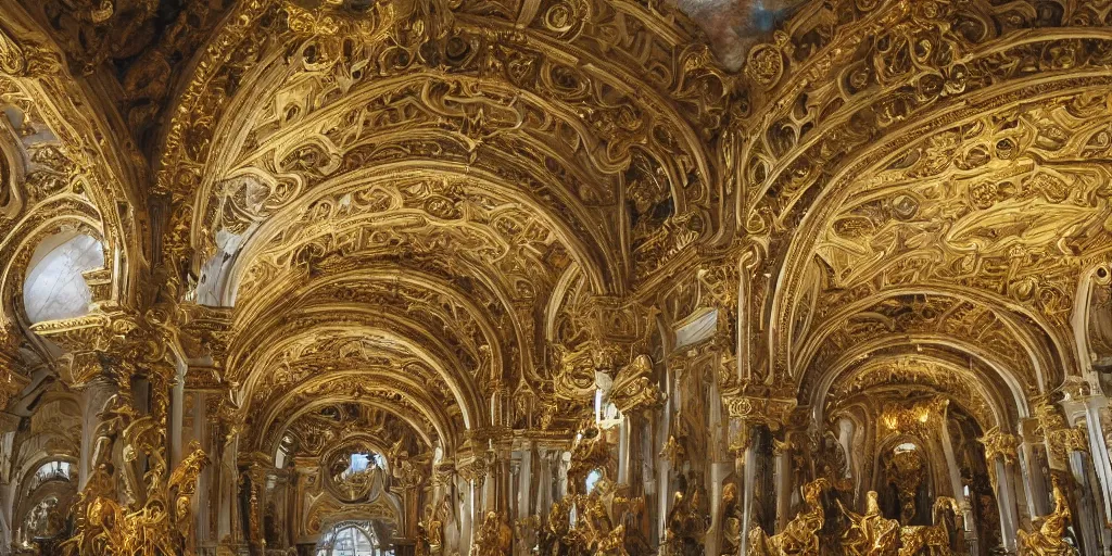 Image similar to beautiful ornate heavenly marble and gold rococo megastructure in the style of heironymus bosch, extremely intricate masterpiece, hyper detailed, realistic heavenly lighting, hd