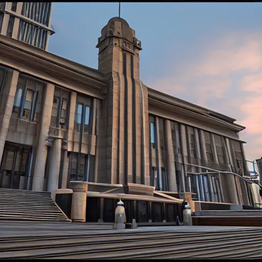 Prompt: art deco city hall,3d render,unreal engine