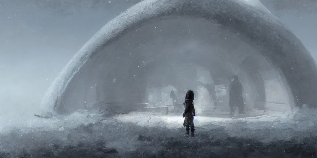 Prompt: young girl back to us in front of an round igloo in the tundra,, mysterious matte painting by ruan jia and craig mullins, trending on artstation