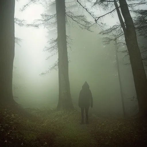 Image similar to found footage of a mysterious creature in the woods, atmospheric fog