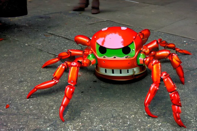 Image similar to a cute crab robot, in 2 0 0 2, at a mall, street style, royalcore, low - light photograph, photography by tyler mitchell
