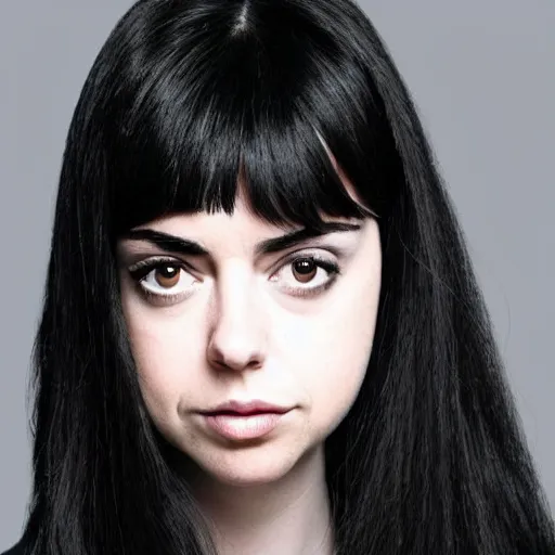 Image similar to a girl with long black hair her face is a mix between aubrey plaza, krysten ritter, lucy hale and maisie williams