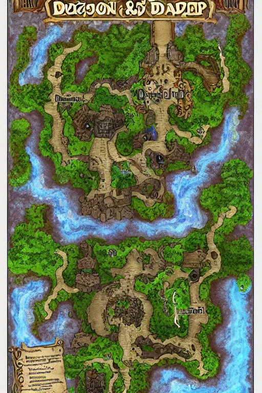 Prompt: a D&D tabletop game dungeon map with rooms, barracks, halls, with connecting caverns where at the end an ominous waterfall and pool reside, high quality, hd, WOTC, Roll20, Wonderdraft, Inkarnate