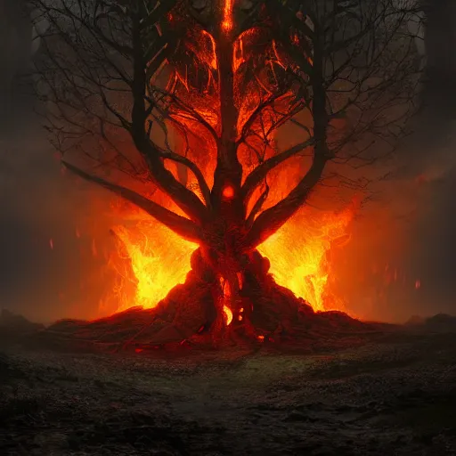 Image similar to tree of pain in a forest of fire, immense structure, hyperrealist, breathtaking, award - winning, groundbreaking, cinematic, dramatic, concept art, fan art, dark fantasy, lovecraft horror, intricate, digital art, zoomorphic, alien, 8 k, trending on artstation