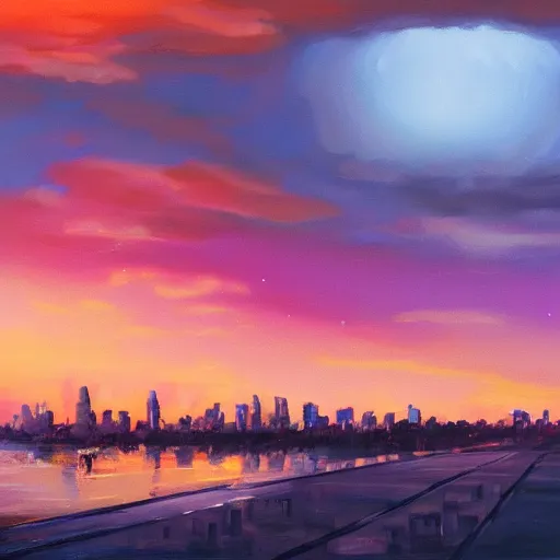 Prompt: oil painting of a futuristic city near to a big lake, cumulonimbus clouths, sunset, nostalgic, very very very beautiful art, cinematic lighting,, bright pastel color, blue sky