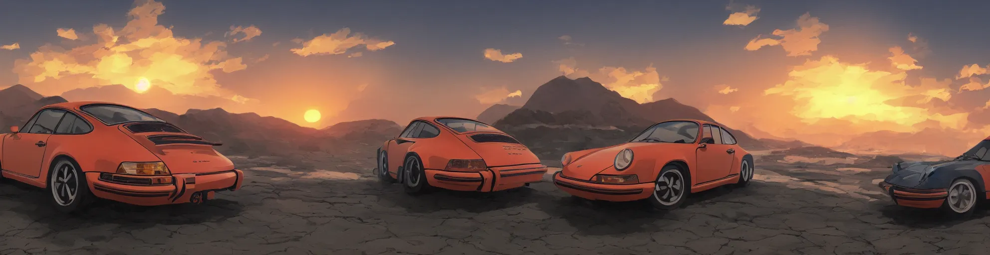 Image similar to beautiful, detailed digital painting of a porsche 9 1 1 looking at the sunset, anime by makoto shinkai, sand, waves, trending on artstation