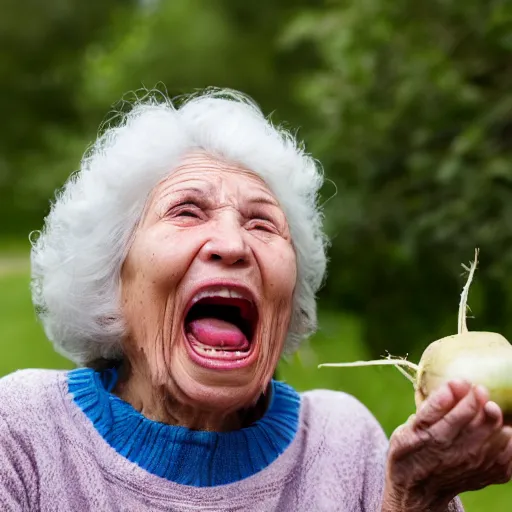 Image similar to elderly woman screaming at a turnip, canon eos r 3, f / 1. 4, iso 2 0 0, 1 / 1 6 0 s, 8 k, raw, unedited, symmetrical balance, wide angle