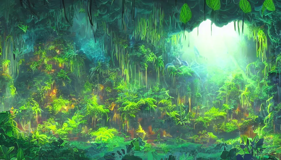 Image similar to concept art of underground jungle cave with luminescent plants, colorful, high detailed