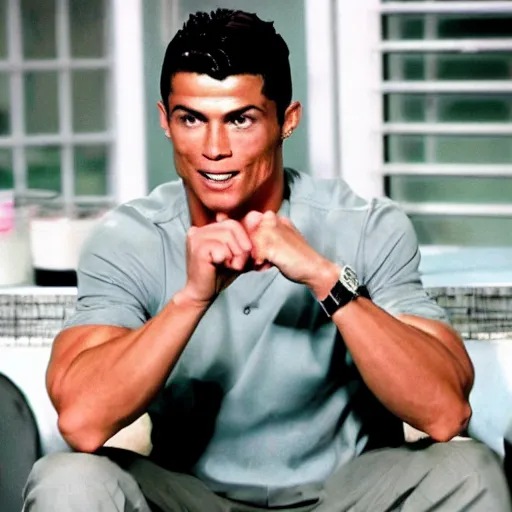 Prompt: a photograph still of Cristiano Ronaldo starring in a 1990s sitcom, 15mm