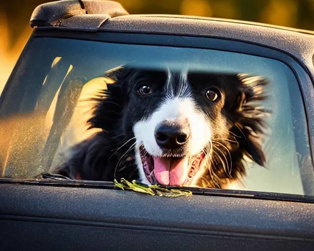 Prompt: border collie dog in the driver's seat of an orange nissan note, paws on wheel, car moving fast, rally driving photo, award winning photo, golden hour, front of car angle, extreme horizontal blur, 3 0 0 mm lens