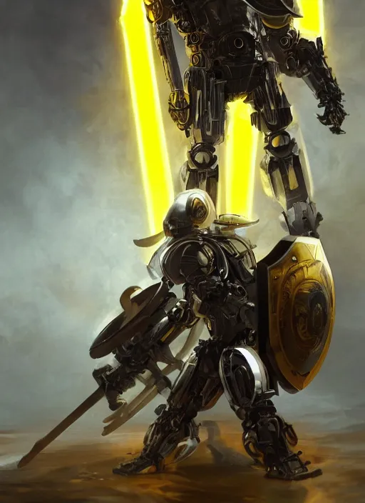 Image similar to full body, dynamic attack position abstract portrait of a intricate glorious holy mechanical warforged with circular glowing eye, character in yellow armor holding a paladin engraved great longsword drawn and carrying a big paladin shield, vertically flat head, face in focus, pit droid, epic , trending on ArtStation, masterpiece, cinematic lighting, by Ross Tran and by Greg Rutkowski