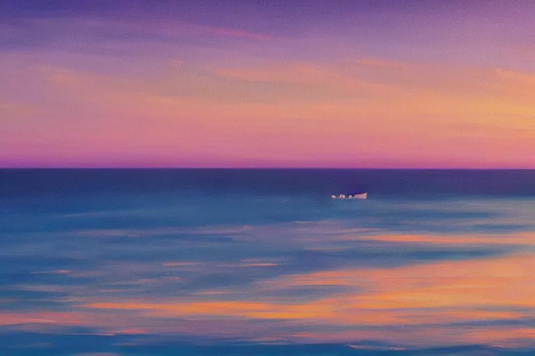 Prompt: ( lone dark purple sail boat on the horizon ), sea waves at sunset, soft long purple clouds,, islands in the background, acrylic painting by miro and kandiski, unreal engine, 8 k, cinematic light, dusk colors, arstation, deviantart, pinterest, pouring dynamic curves, chaotic splashes
