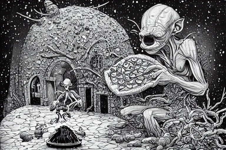 Image similar to a highly detailed gollum making pizza! in the winter, snow filled landscape, pizza oven burning in the background, black sky, post - apocalyptic vibe, full body, wide angle, an ultrafine detailed painting by joe fenton, trending on deviantart, pop surrealism, whimsical, lowbrow, perfect symmetrical face, sharp focus, octane, masterpiece