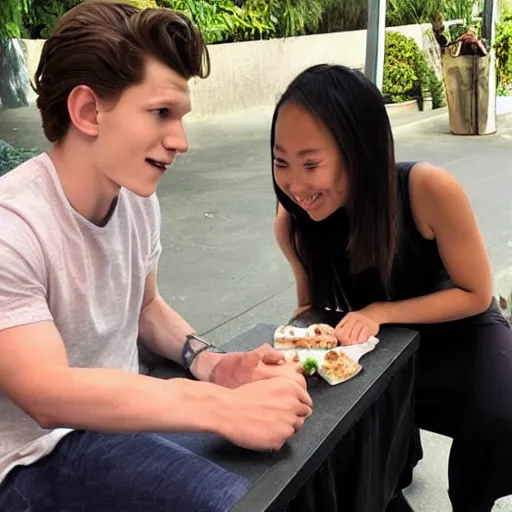 Prompt: Tom Holland eating spam musubi with a Filipina college girl