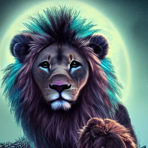 Image similar to bioluminescent cute furry lion on a dreamy biome of oddities, enchanted, magical, fantasy, hyper realism, intricate, digital art, detailed, studio shot, unreal engine 5, octane, high definition, smooth, artstation, behance