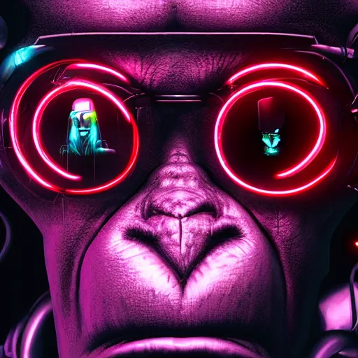 Image similar to a cyberpunk monkey, sci-fi, close-up, cybernetic implant, neon, cyberpunk, center frame portrait, 2D, matte-painting