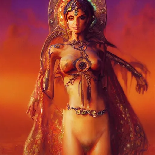 Image similar to cute female bellydancer dragon, anthropomorphic, stuning 3 d render, masterpiece, glowing holy aura, by donato giancola and greg rutkowski and wayne barlow and zdzisław beksinski, realistic face