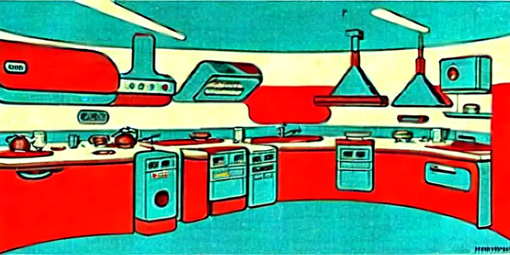 Image similar to soviet retro - futuristic kitchen, space station