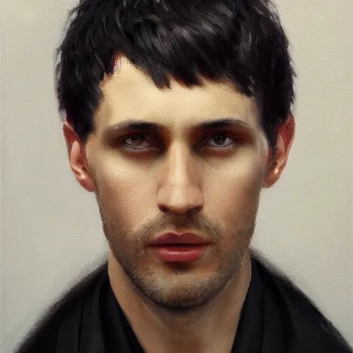 Prompt: An oil painting of a man dressed in priest robes, 30 years old, !chad jaw line!, short black hair, sharp facial features, beautiful, highly detailed, by Cédric Peyravernay, trending on artstation