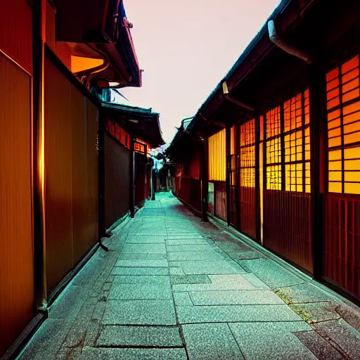 Prompt: award-winning photograph of a Kyoto alley by night, synthwave