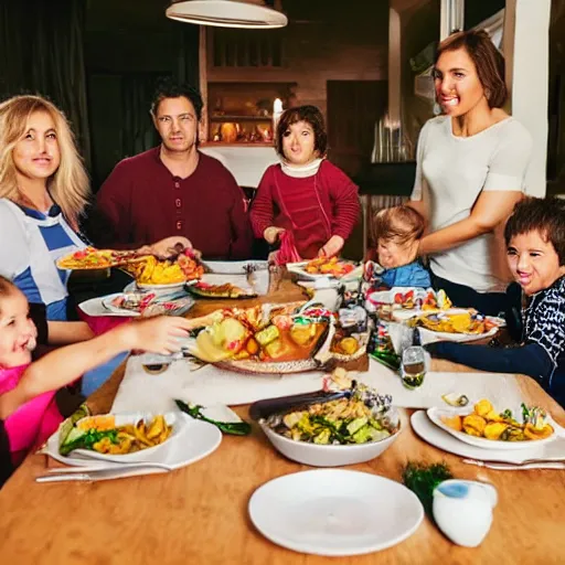 Prompt: an image of a large traditional family sitting around the table for dinner but one of the kids is floating above the table.