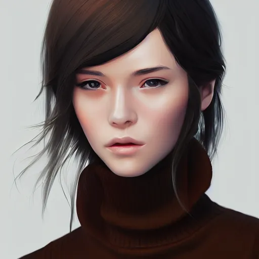 Prompt: 2d girl in black turtleneck and brown coat, elegant, 2d, ultra highly detailed, digital painting, smooth, sharp focus, artstation, portrait art by Ilya Kuvshinov