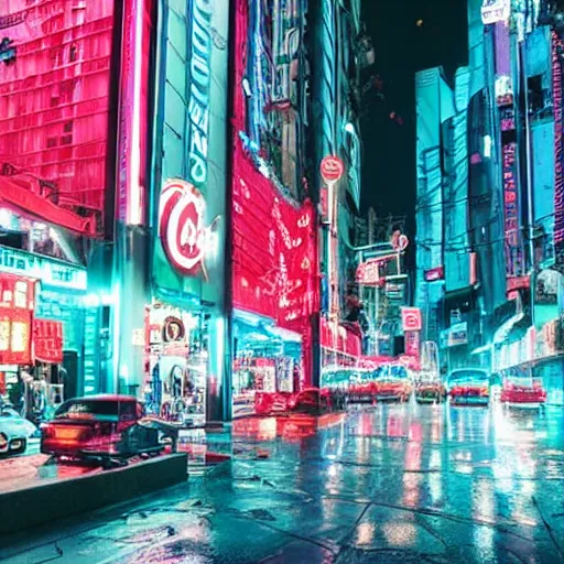 Prompt: a cyberpunk city with crazy illuminated coca - cola and apple signs