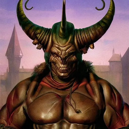 Prompt: horned humanoid with huge veined muscular arms wearing coloured medieval costume, fluid, smooth, organic, crazy, high contrast, sharpness, dramatic, by greg rutkowski and siudmak and richard corben and moebius