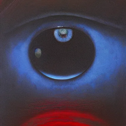 Image similar to RED EYE, BLUE EYE, RED EYE, BLUE EYE by Zdzislaw Beksinski, Jeffrey Smith and H.R. Giger, oil on canvas, 8k highly professionally detailed, trending on artstation