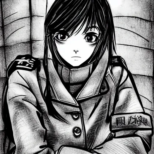 Prompt: manga style, black and white, intricate line art, portrait of a girl, shoulder eyes, trench and sandbags in background, soldier clothing, short hair, hair down, symmetrical facial features, round face, draw on paper, detailed drawing, by ito junji