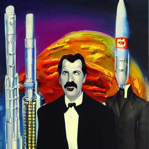 Prompt: vincent price as billionaire howard hughes in sci fi robes and high collar, vivid, rocket factory in the background, mike mignogna, illustration, dynamic and dramatic, highly detailed, rough paper, dark, oil painting