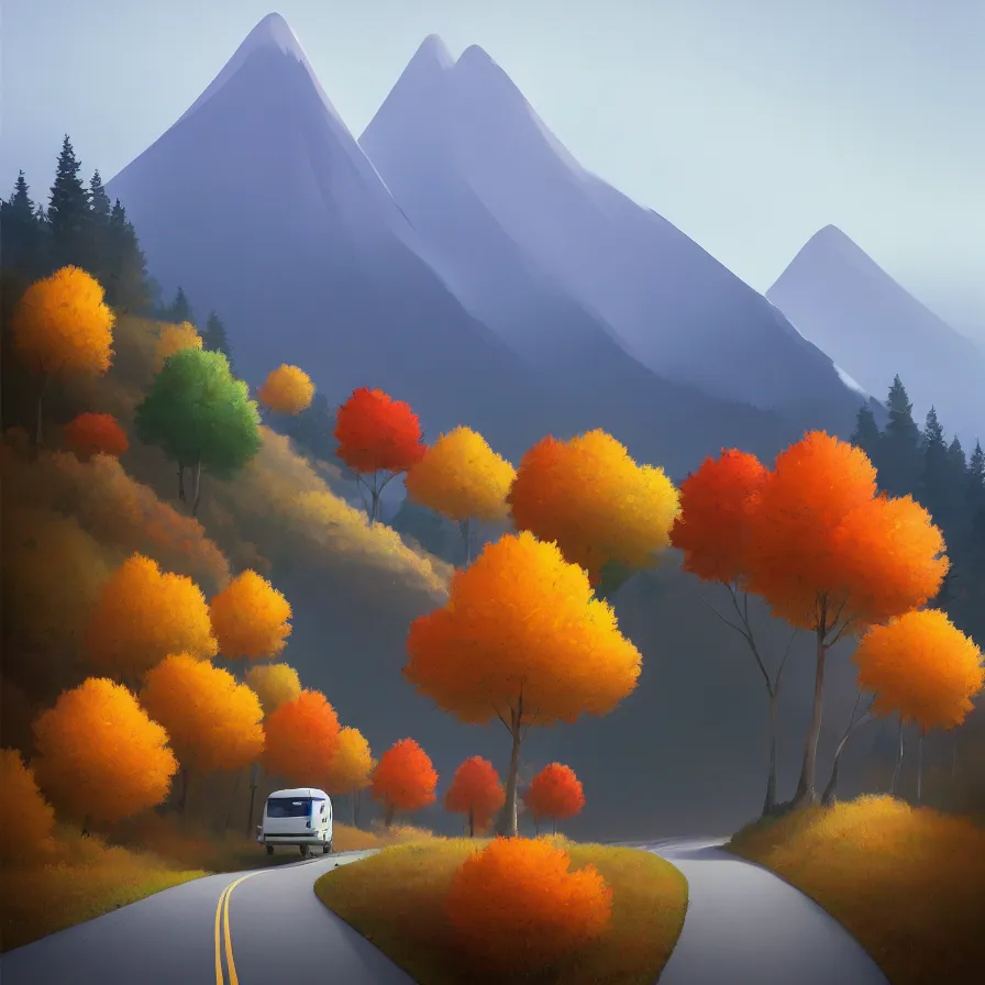 Prompt: goro fujita ilustration distant view of a mountain which is surrounded by a road up the slope. by the roadside are tall autumn trees, painting by goro fujita, sharp focus, highly detailed, artstation