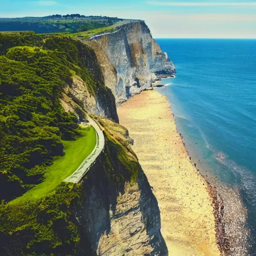 Prompt: a picture of a huge seaside cliff with a beach at the bottom, and small bronen huts in the beach, and a huge mansion on the top of the cliff