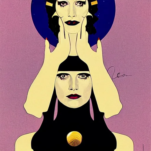 Image similar to Eva Green, Art by Coles Phillips, Portrait of the actress, Eva Green as Space Commander Alpha from the Year 4000, geometric art, poster, no text, Mucha, Kandinsky, carbon blac and antique gold