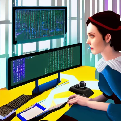 Prompt: Ada Lovelace coding on an ultramodern computer, beautifully lit, colorful screens, blue light, hyperrealism science fiction digital illustration