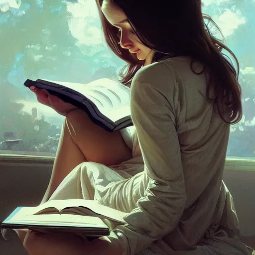 Prompt: hyperrealistic oil painting of a girl reading a book, realistic shaded perfect face, extremely fine details, realistic shaded lighting, stormy background, artgerm, 8 k ultra realistic, highly detailed, art by christopher balaskas, alphonse mucha, craig mullins, alena aenami, ultra detailed