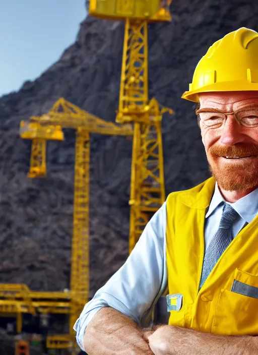 Image similar to closeup portrait of cheerful bryan cranston as a crane operator, yellow hardhat, natural light, bloom, detailed face, magazine, press, photo, steve mccurry, david lazar, canon, nikon, focus